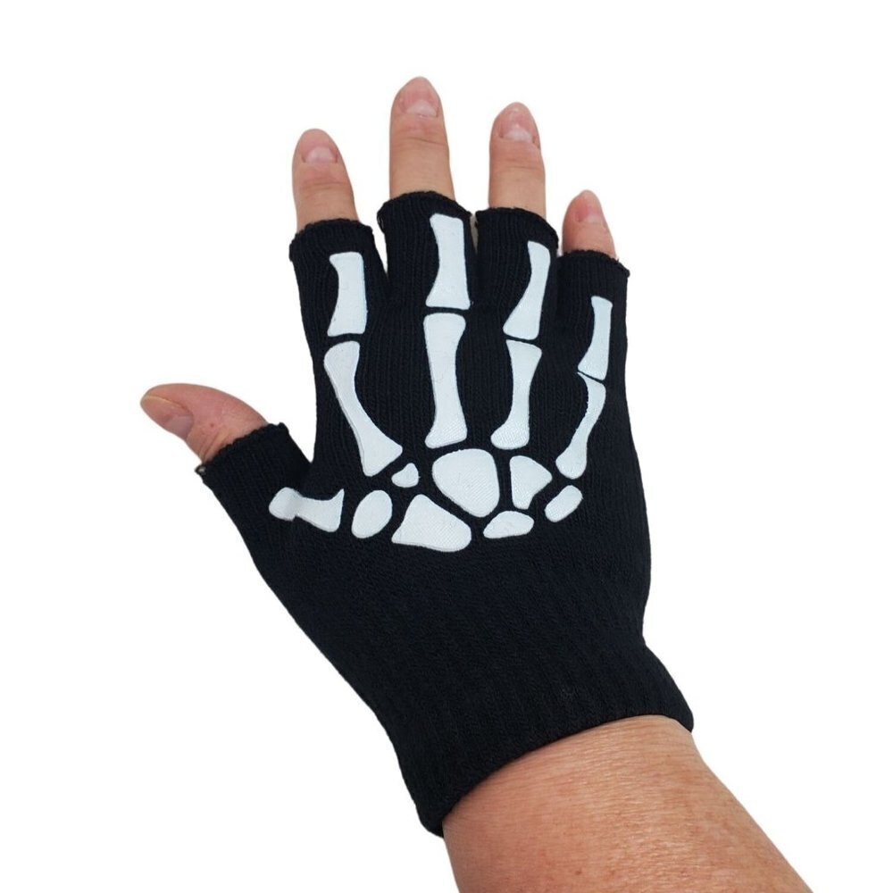 Skeleton Hand Print Open Finger Gloves Glow in Dark Black with White Print